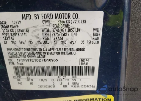 2013 Ford F-150 Xlt z USA, uszkodzony, nr VIN 1FTFW1ET0DFB16965
